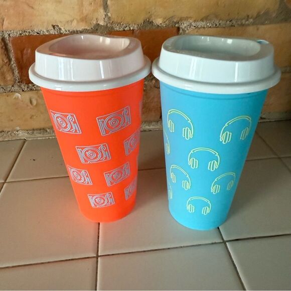 2 - Starbucks Reusable Grande 16 oz Hot Cold Cup Cups Bright Orange Baby Blue - Picture 10 of 13